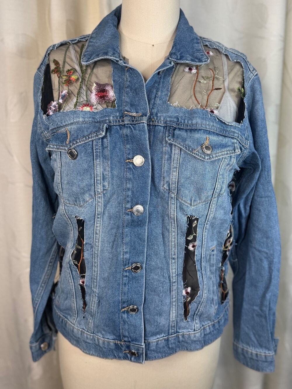 Bershka Denim Jacket with Sheer Embroidered Panels, Size M